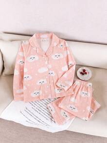 SHEIN 女童甜美仙女公主風可愛優雅休閒日常嬰兒洗禮/生日長袖長褲家居服套裝，粉色雲朵印花翻領睡衣 2 件組 - 粉色 - 查看 3