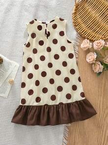 Emery Rose Kids Emery Rose Kids 可愛復古風女童波點背心洋裝，奶油色與咖啡色大波點無袖魚尾下擺外層背心裙，適合春夏穿著 - 彩色 - 查看 5