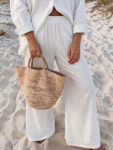 Vaclyn Women's Spring Straight Leg Pants With Pockets, Casual Vacation Style - White - View 4