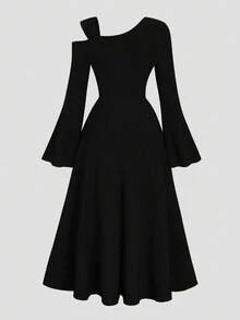 Auvina Vestido de fiesta elegante de talla grande para mujer, de unicolor, de punto acanalado, con hombro asimétrico, manga acampanada con volantes y silueta ajustada hasta el tobillo - Negro - Ver 2