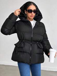 RueChic Padded Coat With Hood, Adjustable Waist, Two Side Pockets, Zipper - Black - View 2