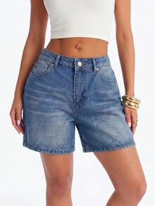 Women Mid Wash Denim Shorts Designed For Easy Everyday Styling And Effortless Casual Summer Looks. - Medium Wash - View 3