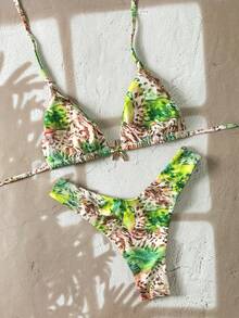 Swim Vcay Spring/Summer Women's Random Print Halter Neck Metal Decor High Cut Bikini Set - Multicolor - View 3