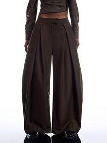 LYSMO 2026 New Arrive Minimalism Women's Solid Color Zipper Fly Pleated Casual Wide Leg Suit Pants Work Outfits For Women - Coffee Brown - View 6
