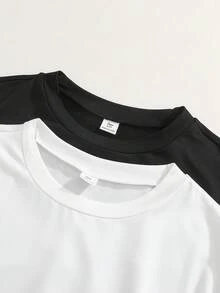 SHEIN 青少年男孩皇冠印花休閒圓領短袖T恤 2件組 - 黑與白 - 查看 3