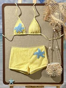 Swim SXY Set Bikini 2 Potong Model Halter dengan Motif Bintang Laut dan Kain Bertekstur Warna-warni Kuning Pucat Terbaru untuk Musim Semi/Panas, Cocok untuk Wanita Liburan Pantai - Angsa kuning - View 2