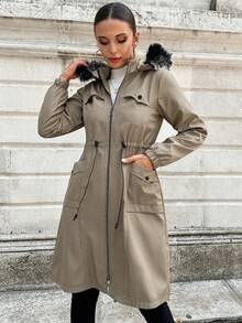 RueChic Drawstring Waist Fuzzy Trim Hooded Parka Coat - Beige - View 6