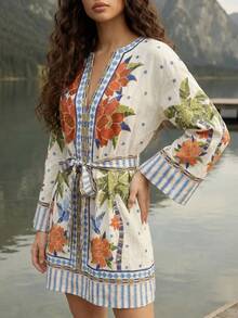 CAJUNI Vestido mini casual de vacaciones con estampado floral & de árbol de coco para mujer - Multicolor - Ver 5