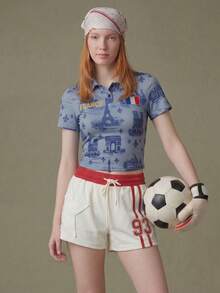 Elnivra Camiseta de manga corta de punto estampado azul marino para mujer - Neblina azul - Ver 7