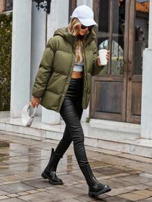 RueChic Women's Gray Hooded Padded Jacket - Army Green - View 4