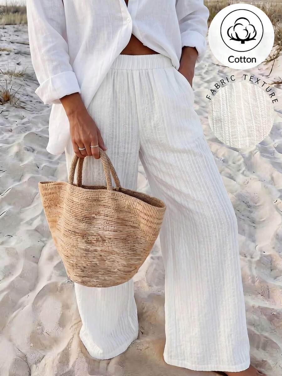 Vaclyn Women's Spring Straight Leg Pants With Pockets, Casual Vacation Style - White - View 1
