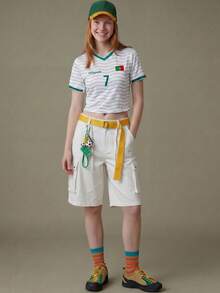 Elnivra 2026 Fußball-Weltmeisterschaft Portugal Fußballtrikot Stil Damen Crop Top Grün und Weiß gestreiftes Muster T-Shirt Sommer Streetwear Lässig Schule - Weiss - Übersicht 5