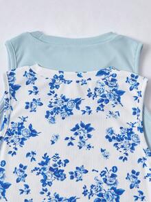 2pcs Girls Butterfly Pattern Dual-Tone Ribbed Bodycon Sleeveless Casual Street Style Dress Summer - Blue - View 3