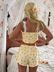 CottageSlumber Women's Cherry Blue Striped Print Lace Camisole Pajama Set - Multicolor - View 5