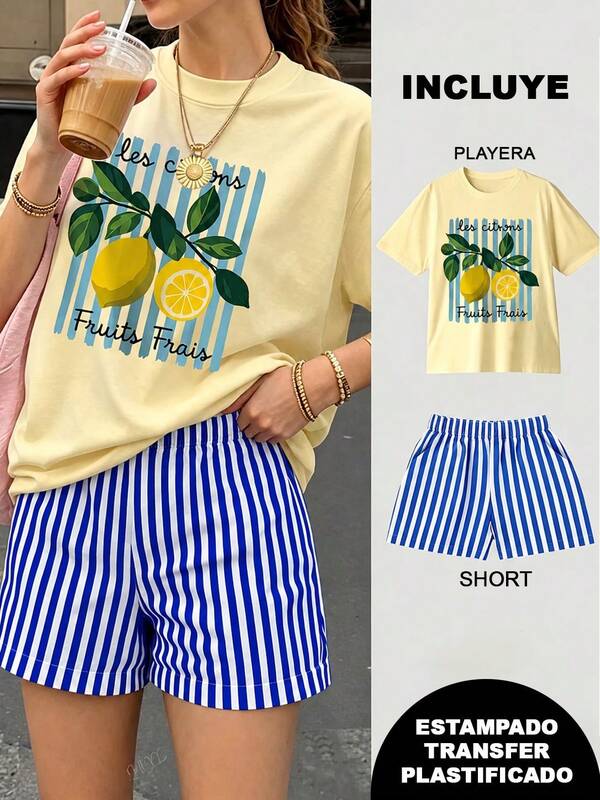 Conjunto de dos piezas, playera y short, playera amarilla estampada con diseño de limas y texto, short corto de rayas en color azul marino con blanco, vacaciones, viaje, calor