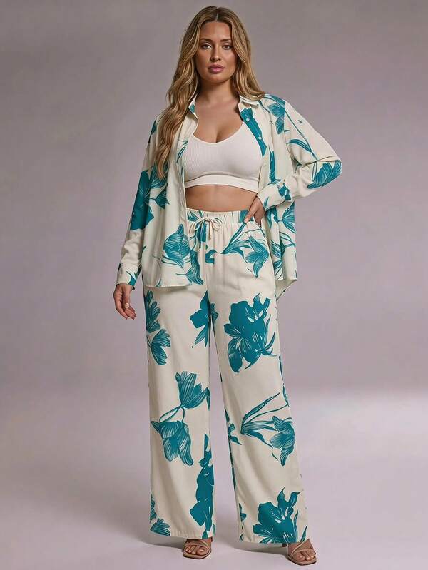 RueChic 2pcs Plus Size Print Long Sleeve Shirt & Drawstring Loose Pants Set
