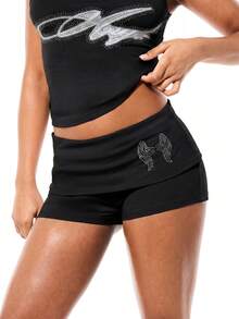 SUMWON WOMEN Angel Wings Rhinestone Booty Shorts With Folded Waistband And Sparkle Script Detail - Black - View 2