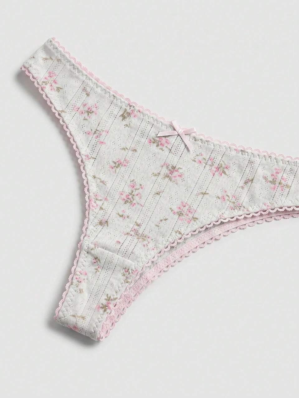 Blue And Pink Floral Pointelle Knit Lingerie Set With Lace Details Cute Triangle Bra And Panty Set