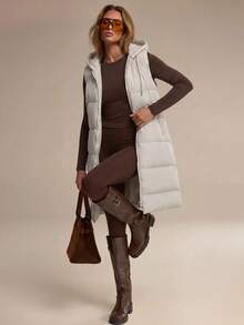 RueChic Zip Up Drawstring Hooded Puffer Vest Coat - Beige - View 1