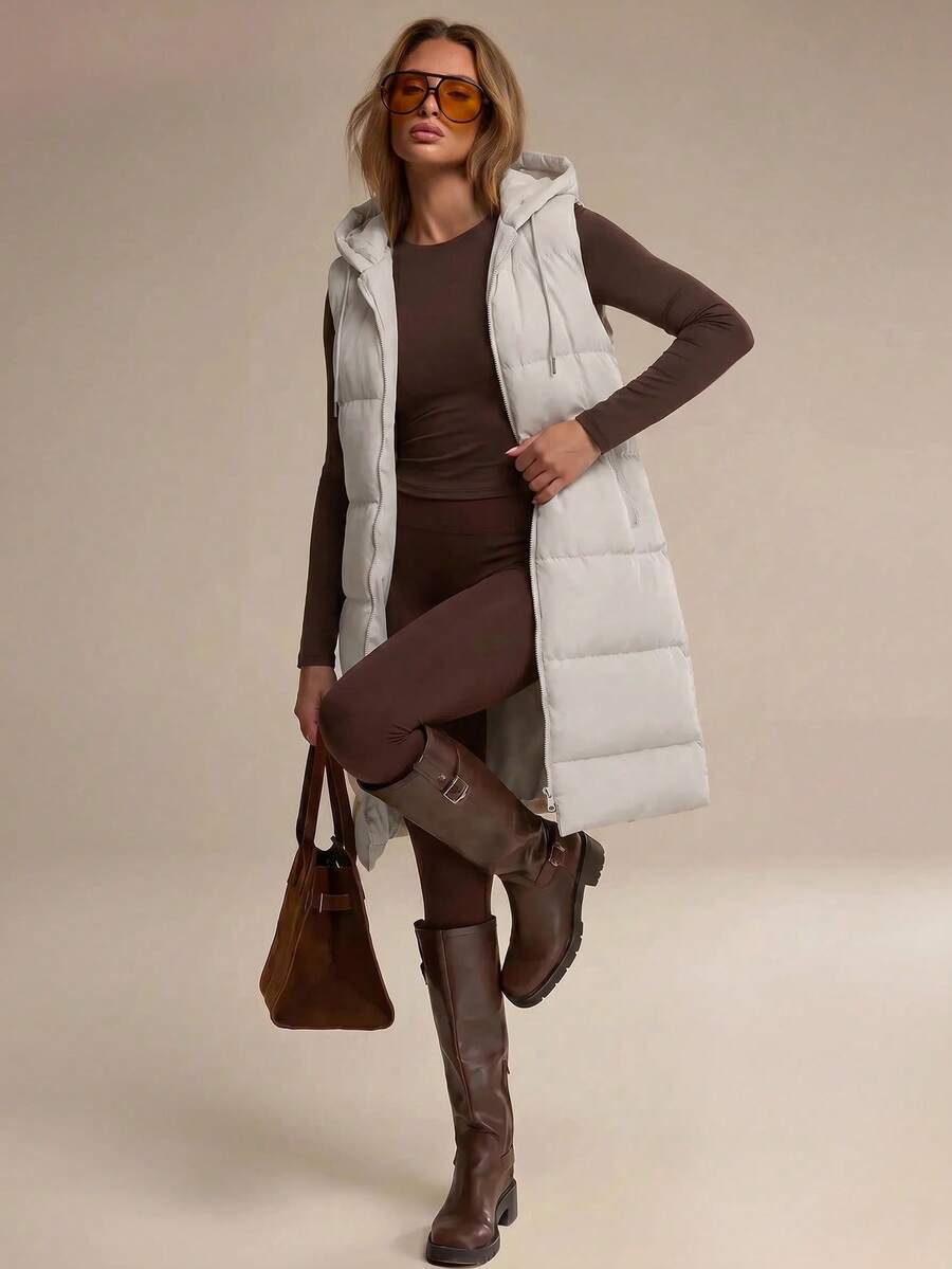RueChic Zip Up Drawstring Hooded Puffer Vest Coat - Beige - View 1