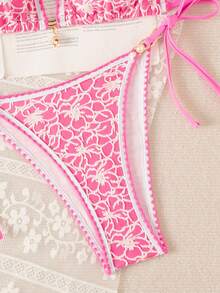 Swim Mod Women's Summer Beach All-Over Print Halter Tie Sexy Bikini And Triangle Bottom Two-Piece Swimsuit Set - Pink - View 6