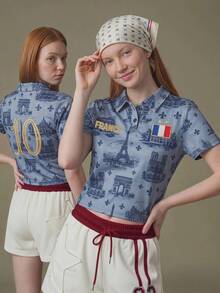 Elnivra Camiseta de manga corta de punto estampado azul marino para mujer - Neblina azul - Ver 1