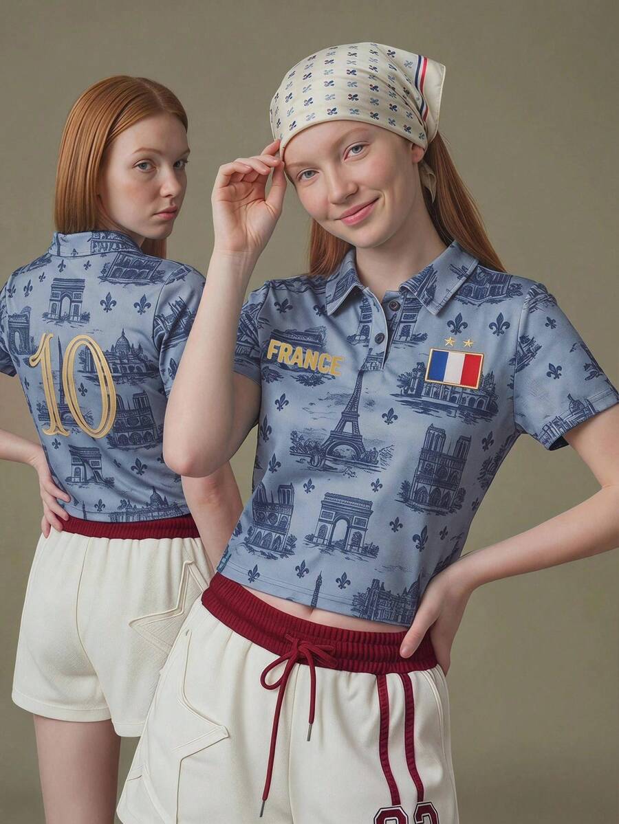 Elnivra Camiseta de manga corta de punto estampado azul marino para mujer - Neblina azul - Ver 1