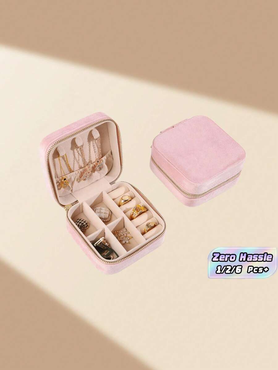 Suede Zipper Jewelry Box, Portable Travel Jewelry Case - Pink - View 1