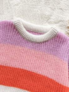 SHEIN Vintaside Kids 女童彩色條紋漸層長袖圓領針織衫，適合搭配裙子，適合秋冬春夏穿著 - 彩色 - 查看 3