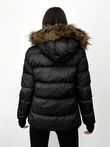 RueChic Fuzzy Trim Hooded Padded Coat - Black - View 2