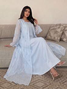 Yasmyna Elegant Organza Butterfly Embroidered Long Sleeve Vest Dress Abaya For Women - Blue - View 2