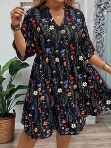 Breezaya Plus Size Women Summer Branch Floral V-Neck Ruffle Hem Loose Dress - Black - View 6