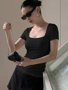 DAZY Women Square-Neck Short Sleeve Slim Fit Sexy Top, Summer,Crop Tops Women Cute Tops - Black - View 8