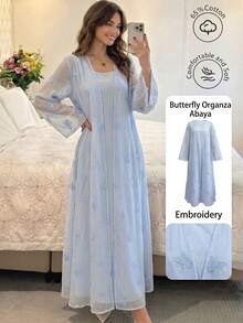 Yasmyna Elegant Organza Butterfly Embroidered Long Sleeve Vest Dress Abaya For Women - Blue - View 4