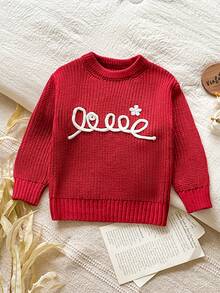 SHEIN 女童紅色刺繡花卉圖案長袖套頭毛衣，適合秋冬穿著，可搭配棉襖與外套 - 紅色 - 查看 1
