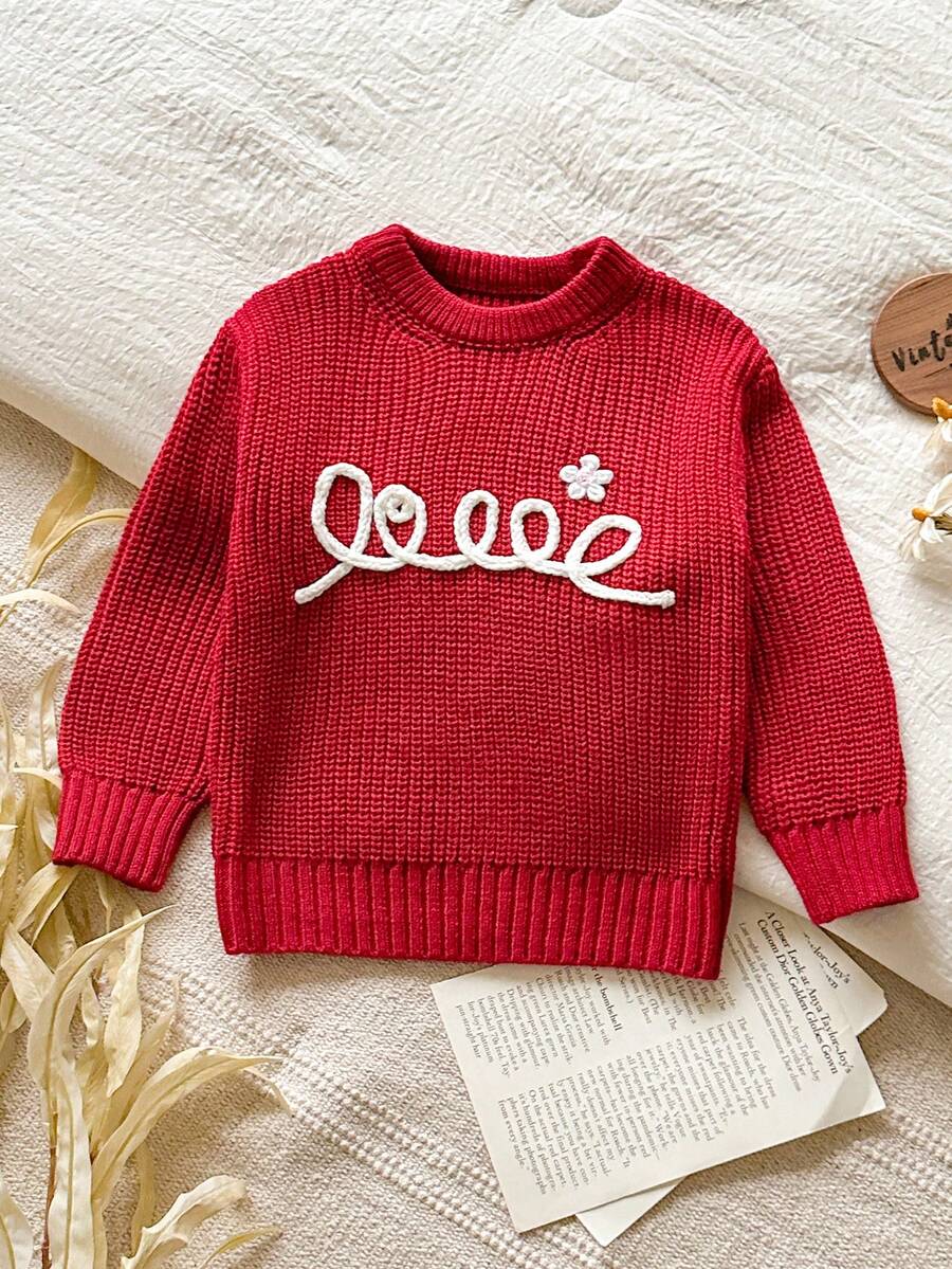 SHEIN 女童紅色刺繡花卉圖案長袖套頭毛衣,適合秋冬穿著,可搭配棉襖與外套 - 紅色 - 查看 1