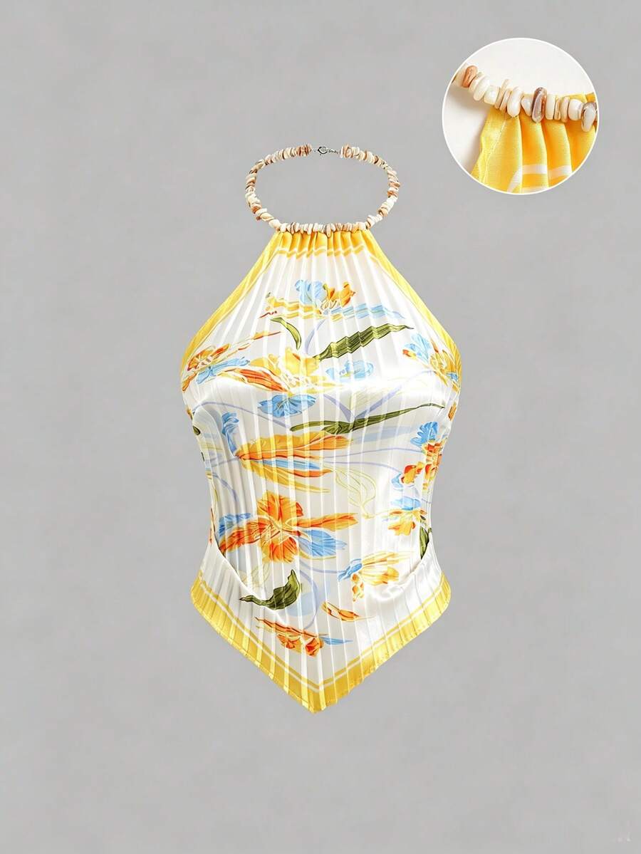 Sweetra Canotta sexy da donna con stampa floreale, perline fatte a mano, collo all'americana, schiena scoperta e arricciatura, nuova moda - Giallo chiaro - Visualizzare 1