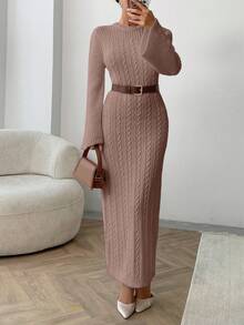EURMUSE Cable Pattern Sweater Dress Fall Winter - Rusty Rose - View 3