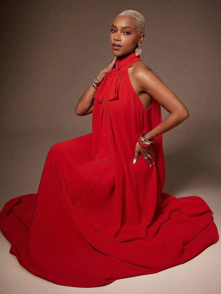 Vixey Elegant Chiffon Bow Tie Halter Neck A Line Maxi Statement Dress, Wedding Guest, Cocktail Hour, Special Occasion, Evening, Date Night - Red - View 1