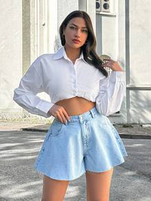 EURMUSE 100%Cotton MID WAIST DIAMOND DETAILED SHORT - Light Wash - View 3