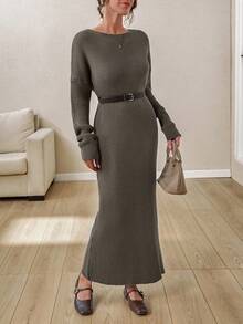 EURMUSE Boat Neck Ribbed Knit Midi Dress – Earthy Brown | Oversized Fit With Textured Stitch - Mocha Brown - View 5
