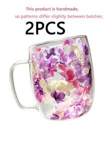 2 Double-Layer Glass Mugs With Handles, Transparent Floral Pattern Reusable Coffee Glasses. Ideal For Milk, Espresso, Cappuccino, Hot & Cold Drinks. Great Birthday & Holiday Presents, Also Practical Coffee Machine Accessories. - Multicolor - View 11