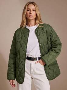 SHEIN Abrigo Acolchado Con Hombros Caídos Y Doble Bolsillo - Verde militar - Ver 1