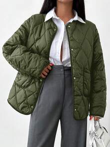 SHEIN Abrigo Acolchado Con Hombros Caídos Y Doble Bolsillo - Verde militar - Ver 2
