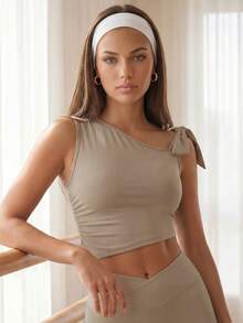 Eassivo Eassivo Women's Solid Color Tie-Up Asymmetrical Neckline Cropped Pleated Sports Tank Top - Khaki - View 7