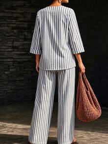 SHEIN LUNE CURVE 大尺碼休閒寬鬆極簡灰色小V領不對稱袖上衣與寬腿褲兩件套 秋季海灘度假秋季 - 黑與白 - 查看 2