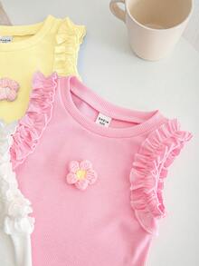 SHEIN 女童 3件組 素色針織 3D花朵荷葉邊休閒背心上衣 - 芥末黃 - 查看 7