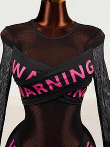 Mistrie Women's Letter Print Criss-Cross Contrast Color Sexy Mesh Sheer Long Sleeve Hot Girl Dress - Black - View 3