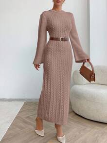 EURMUSE Cable Pattern Sweater Dress Fall Winter - Rusty Rose - View 6