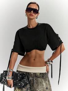 LYSMO Damen einfarbiges Kurzarm-Crop-T-Shirt mit Rundhalsausschnitt, Ösen und Schnürung, lässig - Schwarz - Übersicht 7